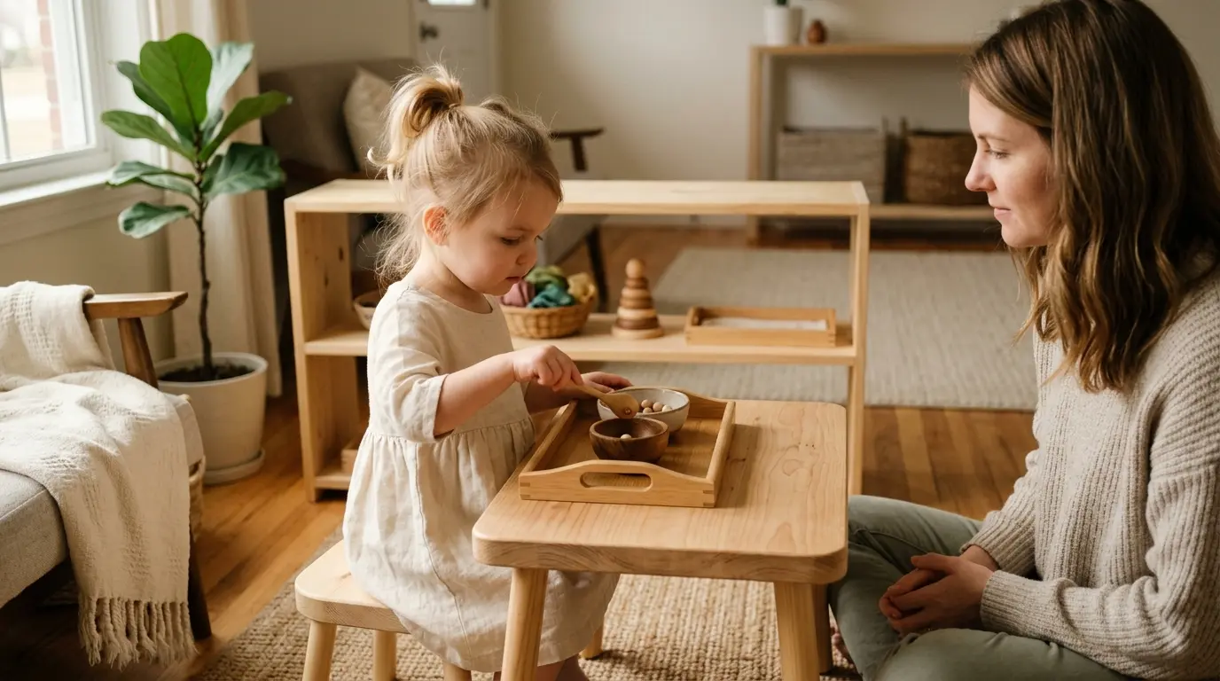 Enfant explorant des activités Montessori à la maison avec des objets quotidiens dans un cadre chaleureux et organisé.