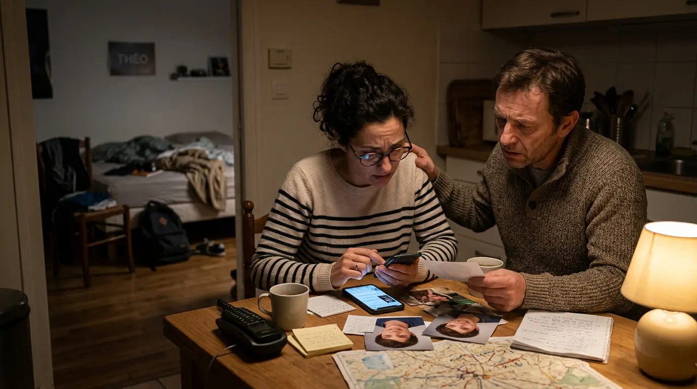 Famille inquiète cherchant un ado fugueur, smartphone en main, photos éparpillées sur la table, chambre d'adolescent en désordre.