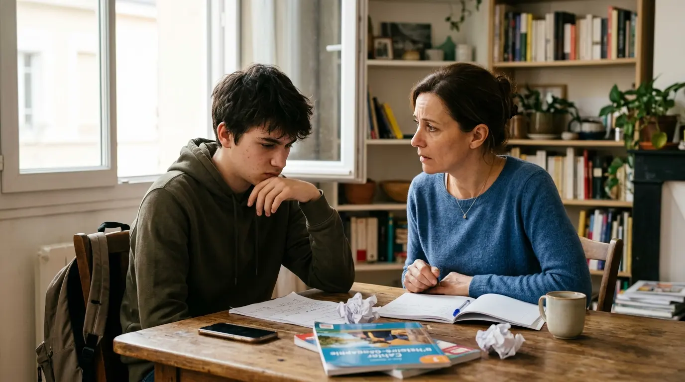 Parent inquiet discutant avec son ado qui fume des joints, ambiance tendue dans un cadre familial naturel.