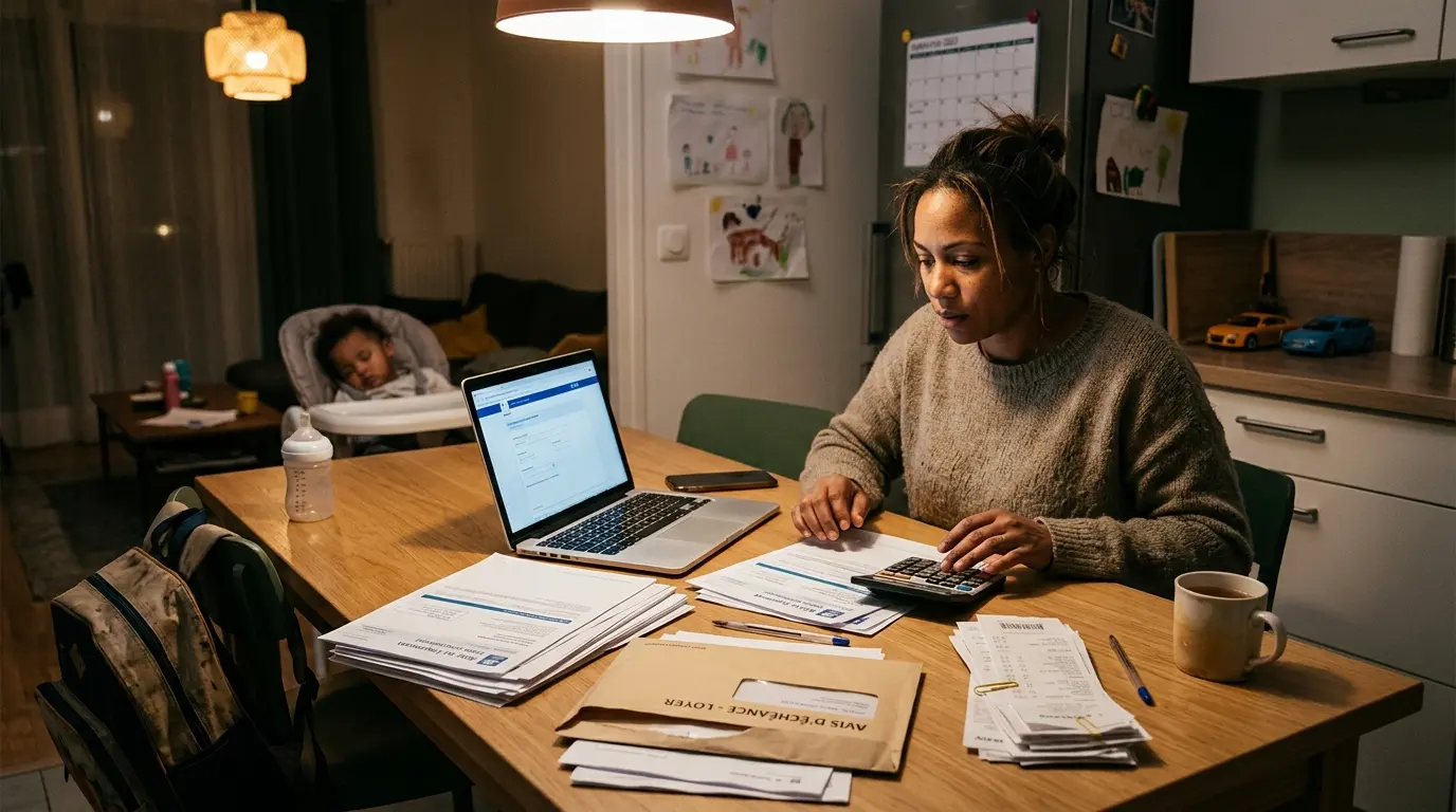 Parent célibataire entouré de documents administratifs, gérant les aides familles monoparentales à la maison.