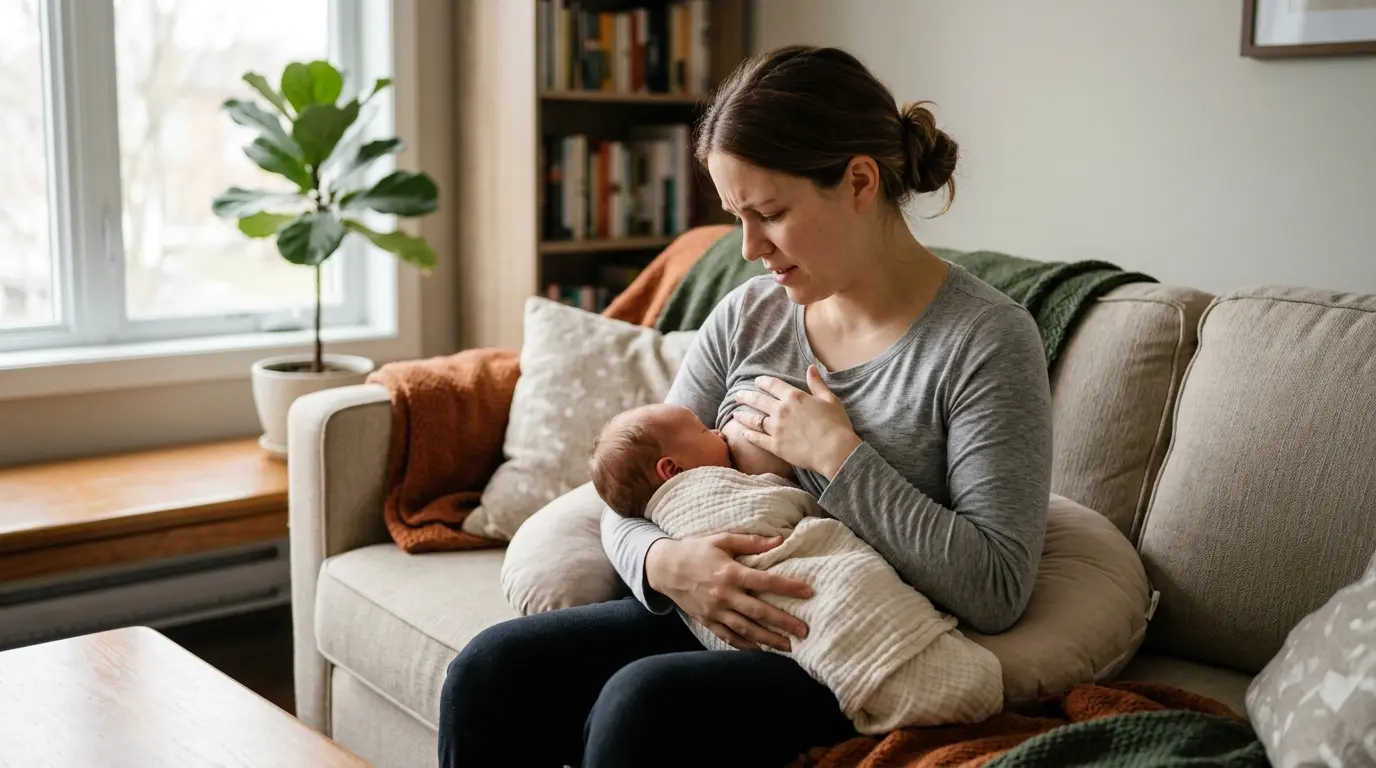 Jeune mère préoccupée allaitant son nouveau-né, montrant des signes d'allaitement douleur au sein dans un cadre chaleureux.