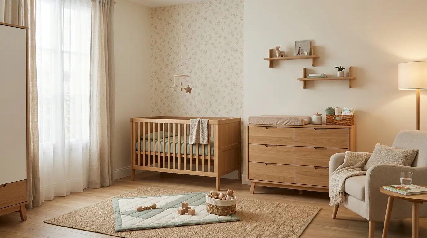 Aménager chambre bébé avec un berceau sécurisé, coin lecture cosy et rangement pratique dans des tons pastel apaisants.