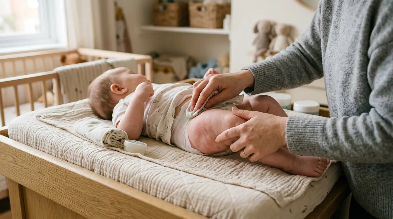Calme moment de change d'un bébé avec des boutons fessier bébé légèrement rouges, ambiance douce et rassurante.