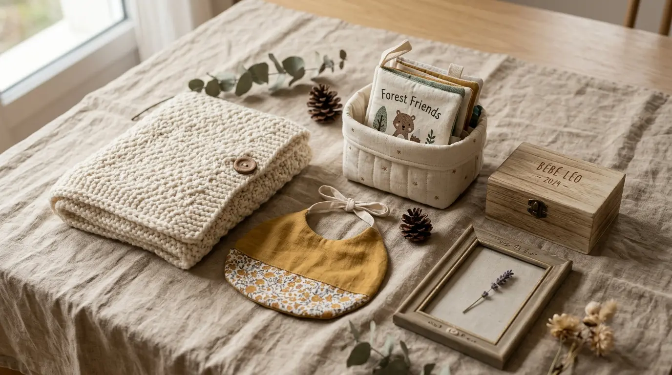 Cadeau de naissance fait main : essentials pour bébé sur lin neutre, incluant couverture tricotée et bavoir artisanal.