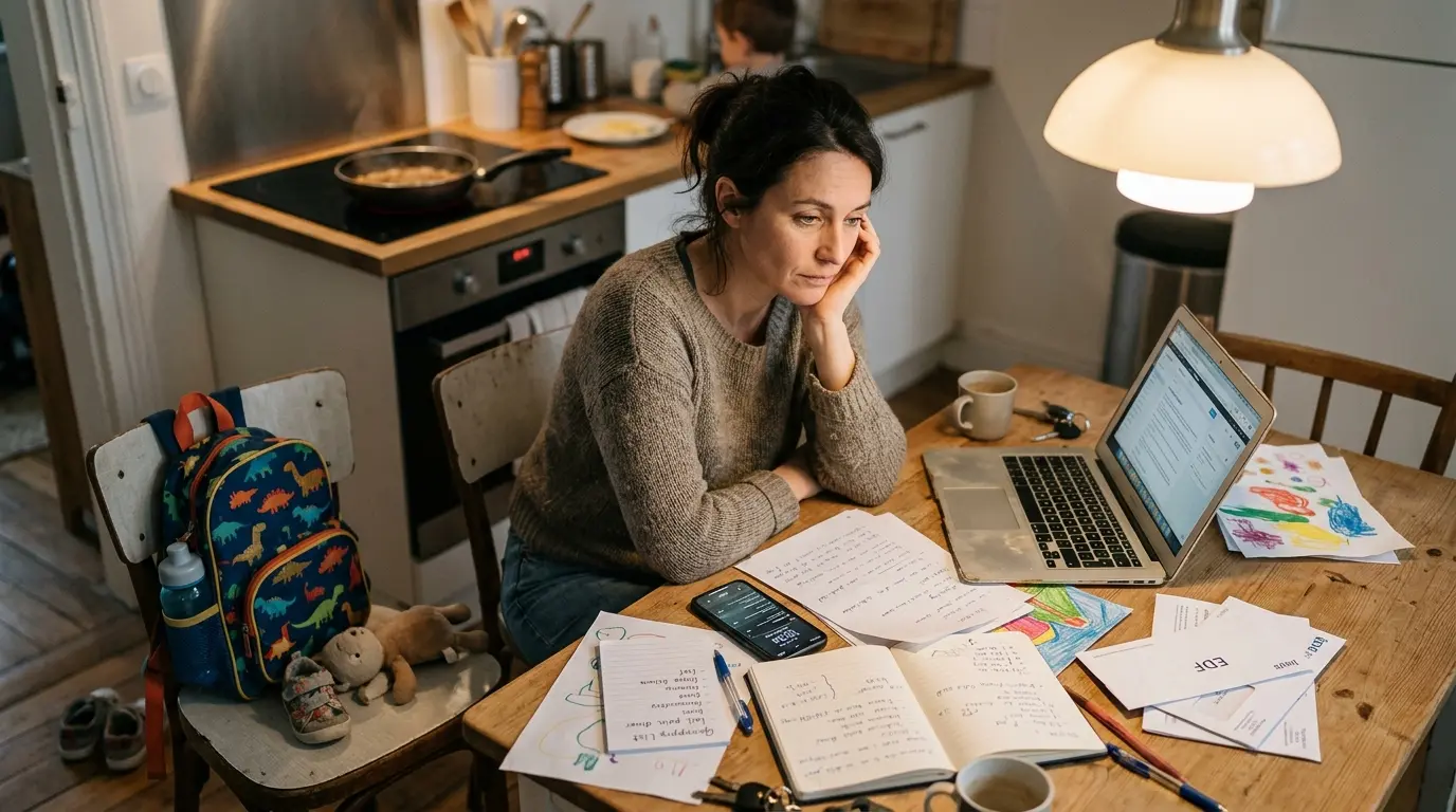 Parent solo à la table, entouré de signes de charge mentale : ordinateur, papiers, notifications, ambiance chaleureuse.
