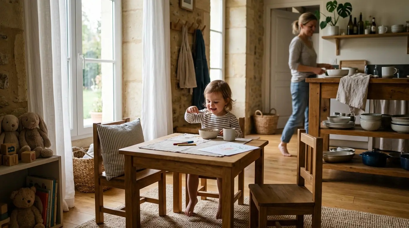 Coin repas enfant avec une table en bois, deux chaises, un enfant et un parent dans un intérieur chaleureux et organisé.