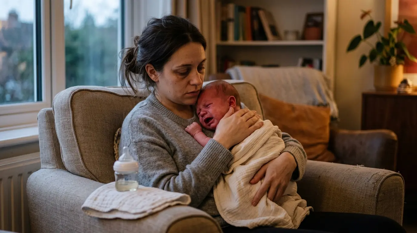 Jeune parent fatigué berçant un nouveau-né dans un salon chaleureux, illustrant les coliques du nourrisson.