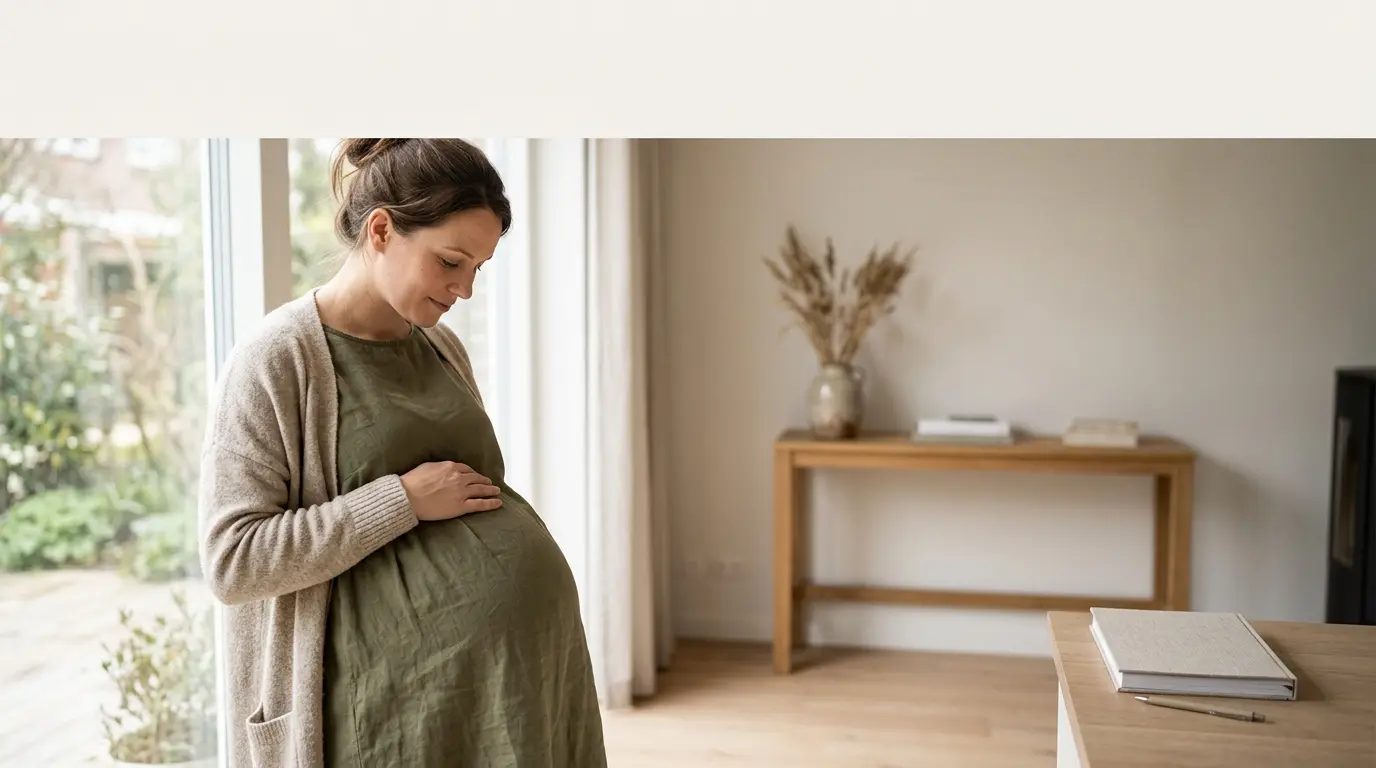 Femme enceinte observant son ventre près d'une fenêtre, illustrant les étapes de la grossesse mois par mois dans un cadre apaisant.