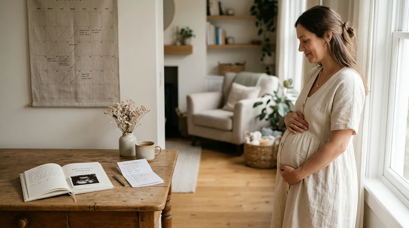 Femme enceinte en profil, main sur le ventre, évoquant les étapes grossesse trimestre par trimestre dans un cadre chaleureux.