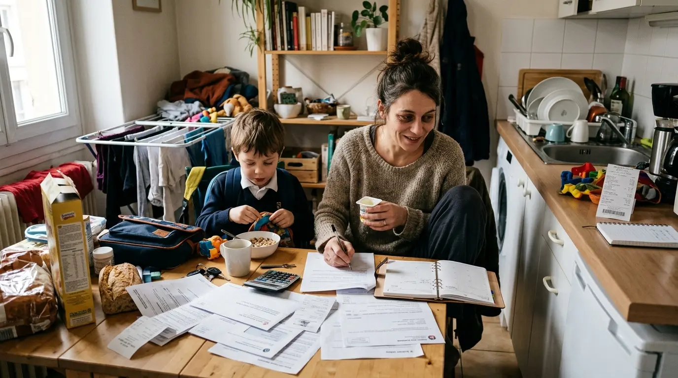 Parent épuisé dans un foyer français, jonglant entre les difficultés d'une famille monoparentale et la routine matinale.