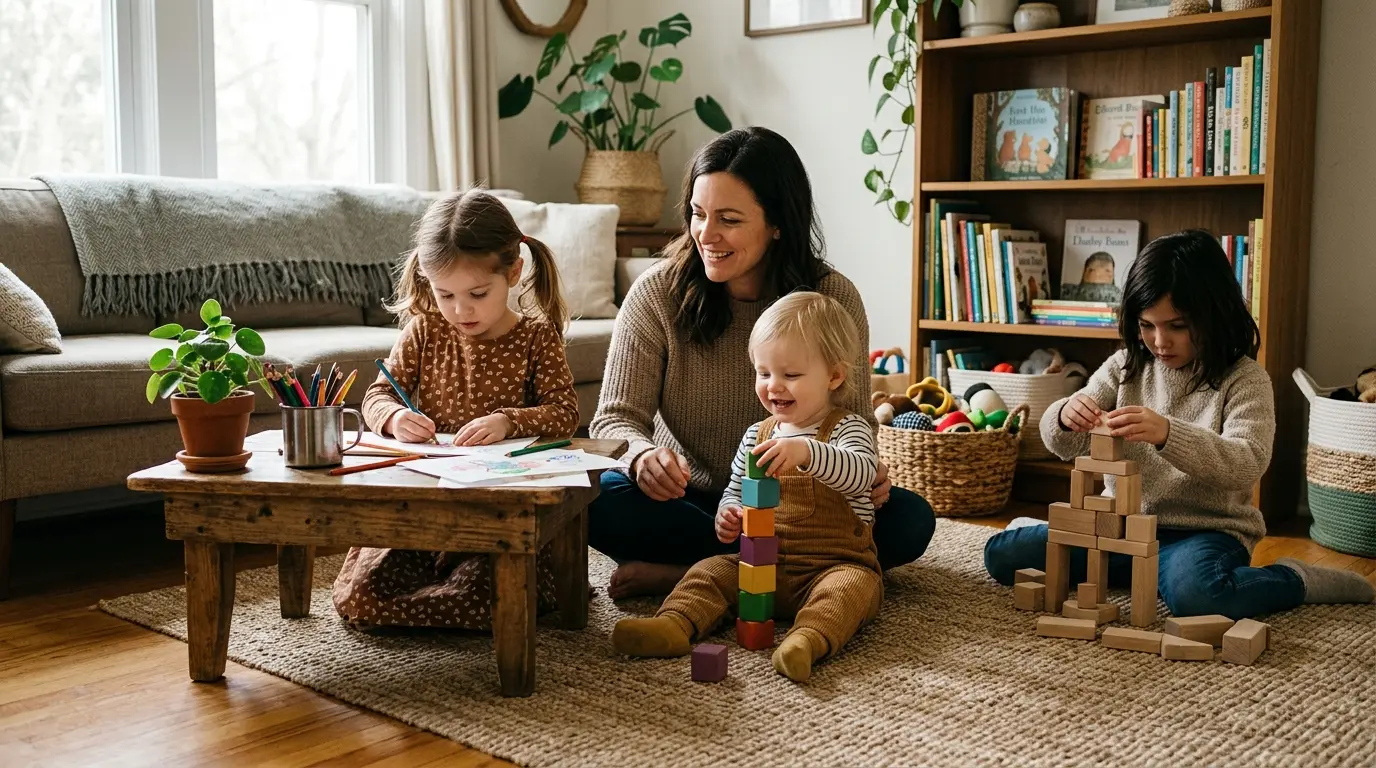 Parent et enfants de différents âges s'amusent ensemble avec des jeux éducatifs, illustrant des idées d'activités pour enfants par âge.