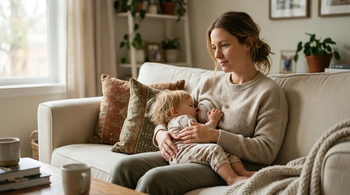 Mère allaitant son enfant dans un salon chaleureux, illustrant le thème jusqu'à quel âge allaiter avec douceur et intimité.