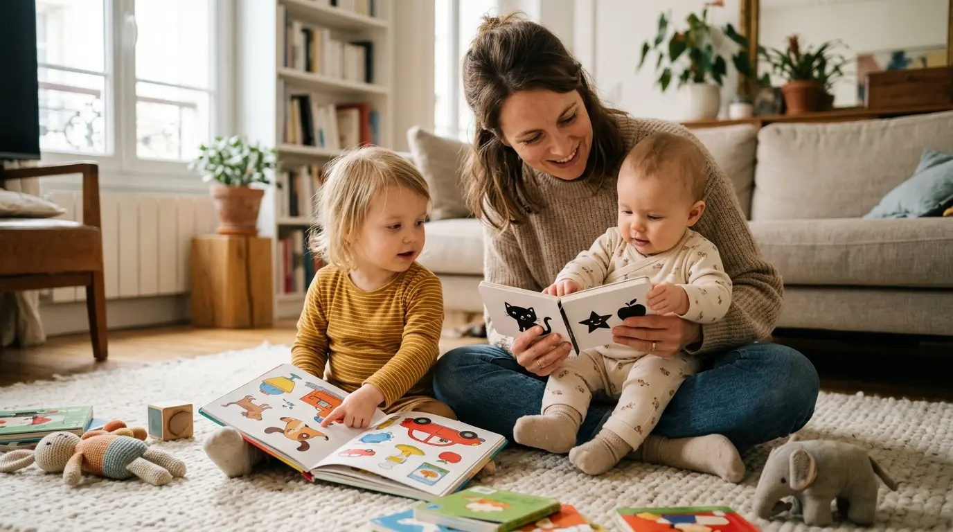 Parent lisant des livres pour bébé par âge avec un bébé et un tout-petit dans un salon lumineux et chaleureux.