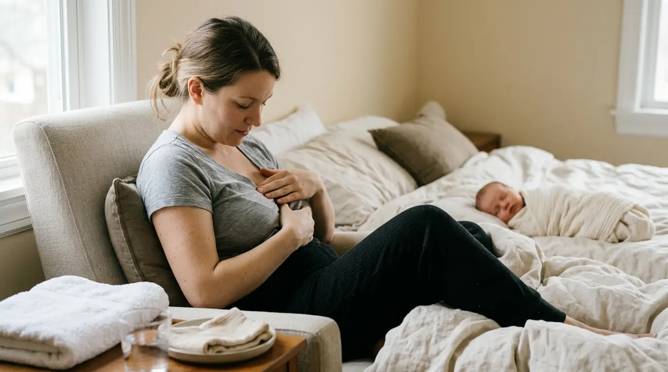 Nouvelle mère apaisée pratiquant un montée de lait massage dans une chambre douce, bébé reposant à proximité.