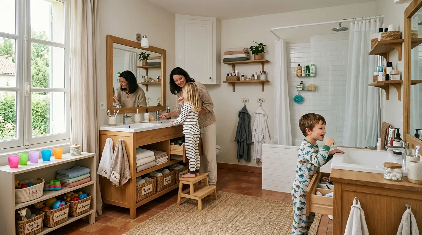 Organiser salle de bain famille avec un espace pratique et apaisant, où parents et enfants partagent harmonieusement le quotidien.
