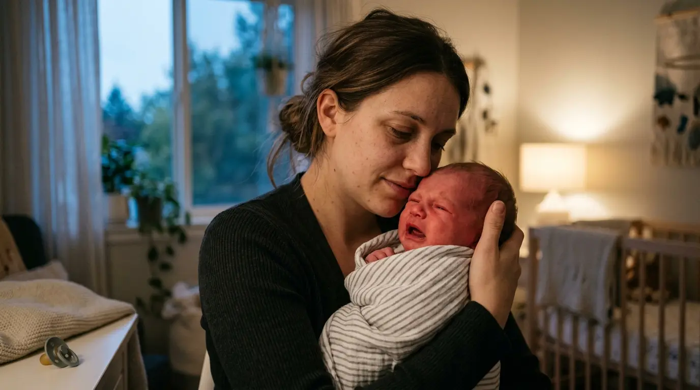 Jeune parent apaisant un bébé en pleurs de décharge dans une ambiance chaleureuse et intime d'un intérieur calme.
