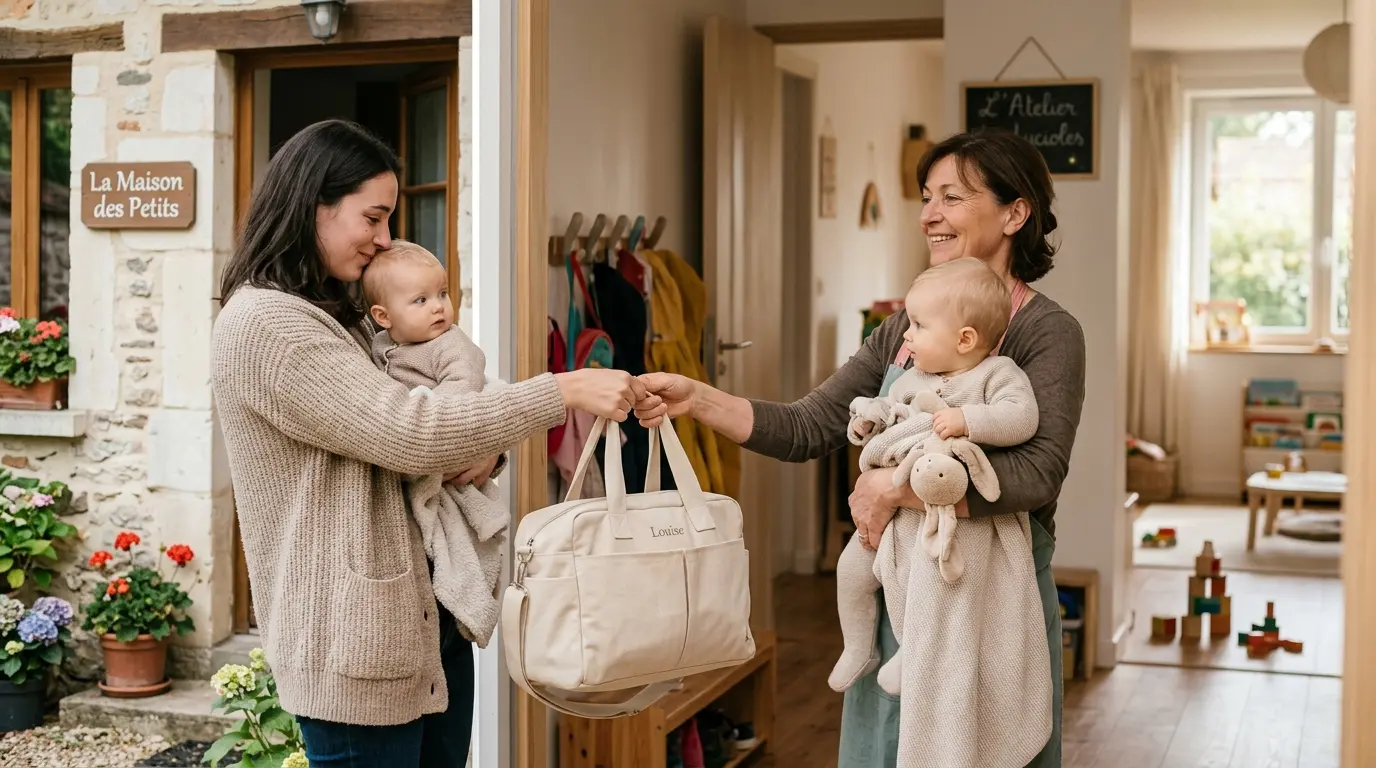 Jeune parent dit au revoir à son bébé à la première journée chez la nounou, ambiance chaleureuse et rassurante.