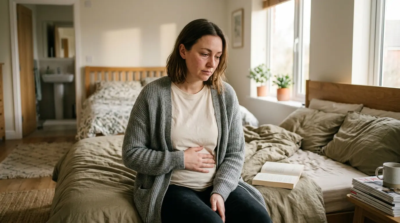 Femme pensive dans une chambre, réfléchissant aux premiers symptômes de grossesse, ambiance chaleureuse et naturelle.
