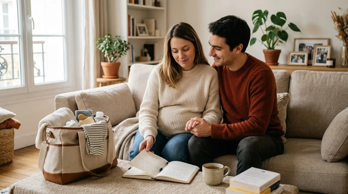 Couple en préparation naissance parentalité, assis sur un canapé avec un carnet et des essentiels pour bébé dans un cadre chaleureux.