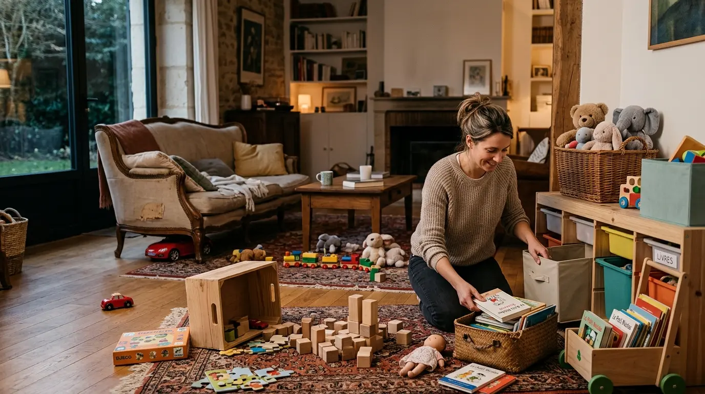 Intérieur chaleureux d'une maison familiale, jouets éparpillés, rangement jouets astuces en action avec un parent qui range.