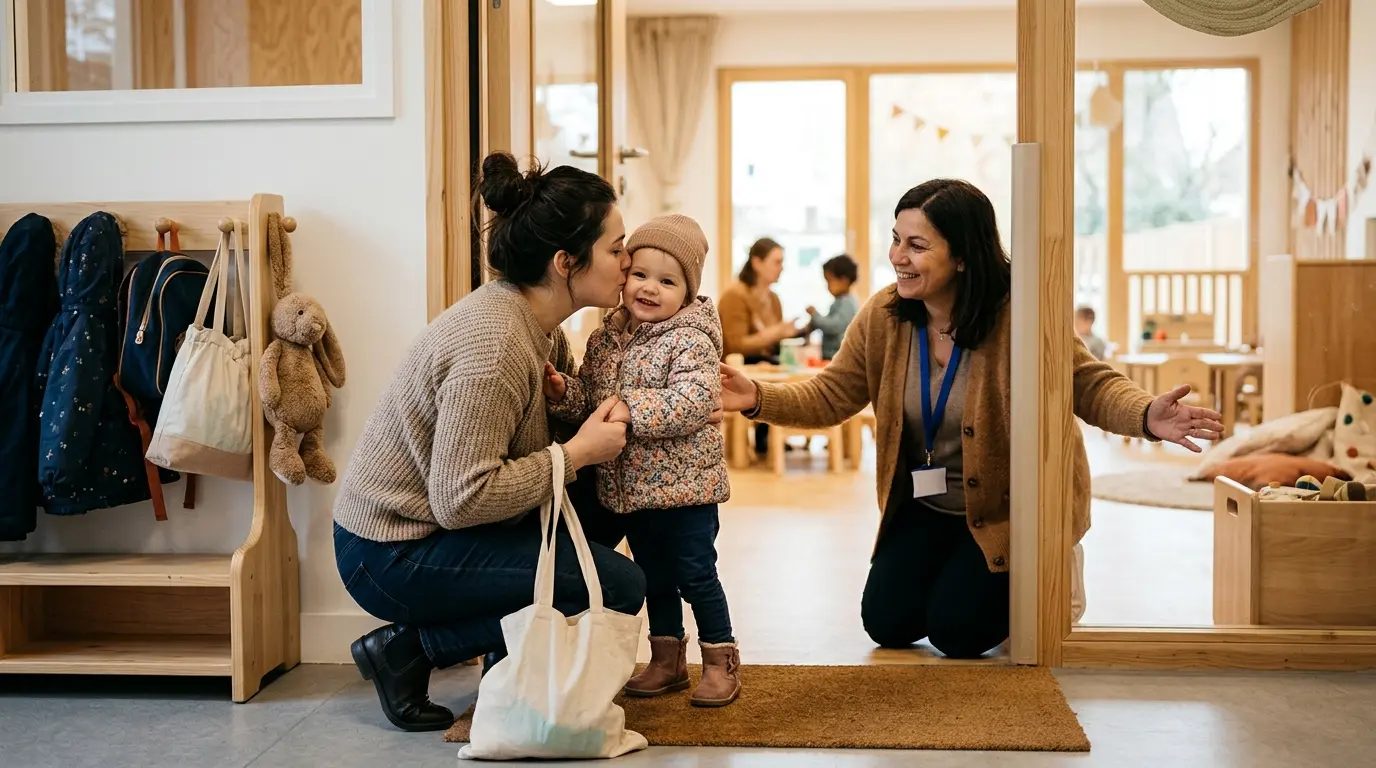 Parent disant au revoir à son bébé à l'entrée d'une crèche moderne, illustrant la rentrée crèche préparer bébé.