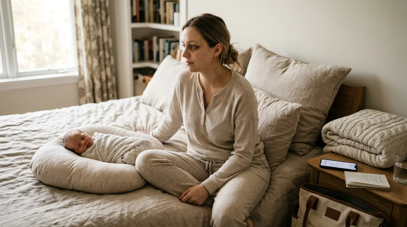 Jeune mère pensive sur un canapé, avec son nouveau-né, évoquant le retour de couche dans une atmosphère chaleureuse.