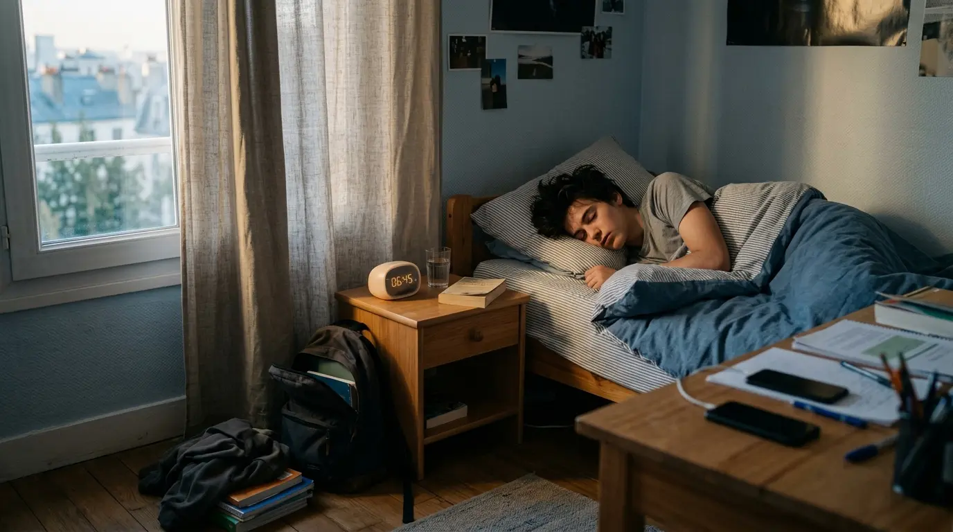 Chambre d'adolescent avec un garçon endormi, réveil lumineux, lumière naturelle, montrant le sommeil adolescent heures.
