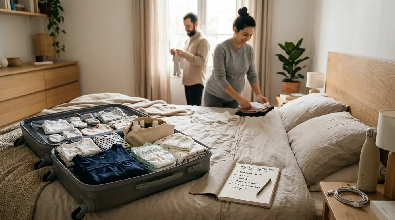 Couple préparant une valise maternité liste complète dans une chambre chaleureuse, avec vêtements de bébé et accessoires soigneusement rangés.
