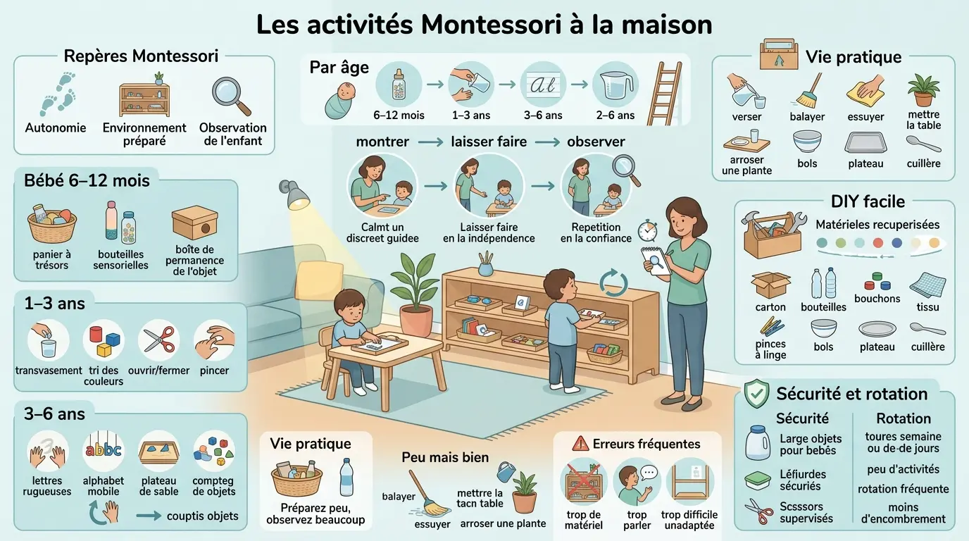 Infographie illustrant des activités Montessori à la maison, montrant un enfant engagé dans des tâches autonomes dans un environnement préparé.