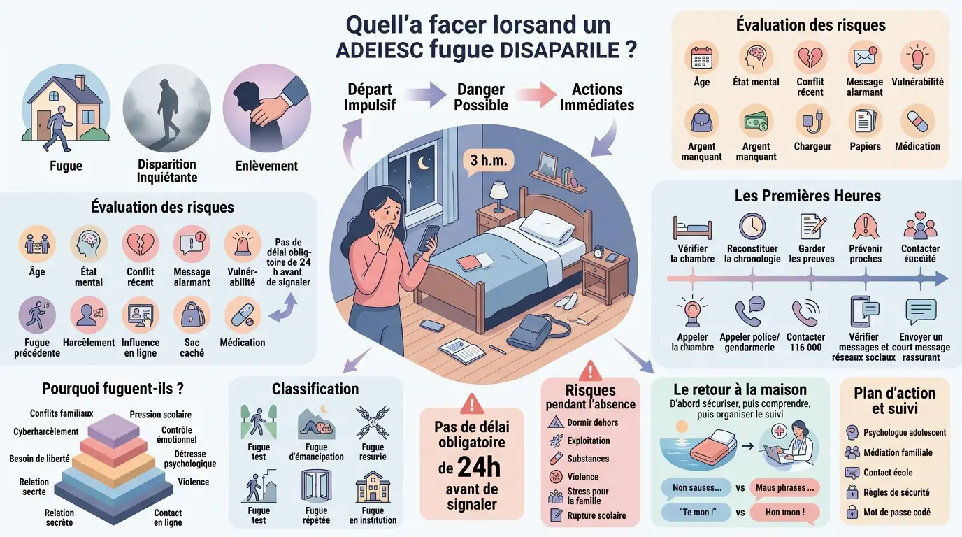 Infographie éducative sur les actions à prendre lors de la disparition d'un ado fugueur, avec illustrations et conseils.