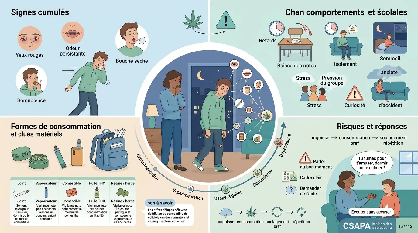 Infographie éducative sur l'ado qui fume des joints, montrant signes, risques et conseils pour les parents.