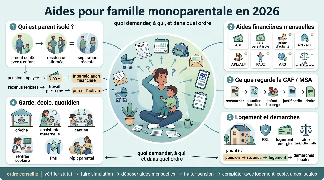 Infographie sur les aides familles monoparentales en 2026, illustrant le soutien financier et les démarches à suivre.