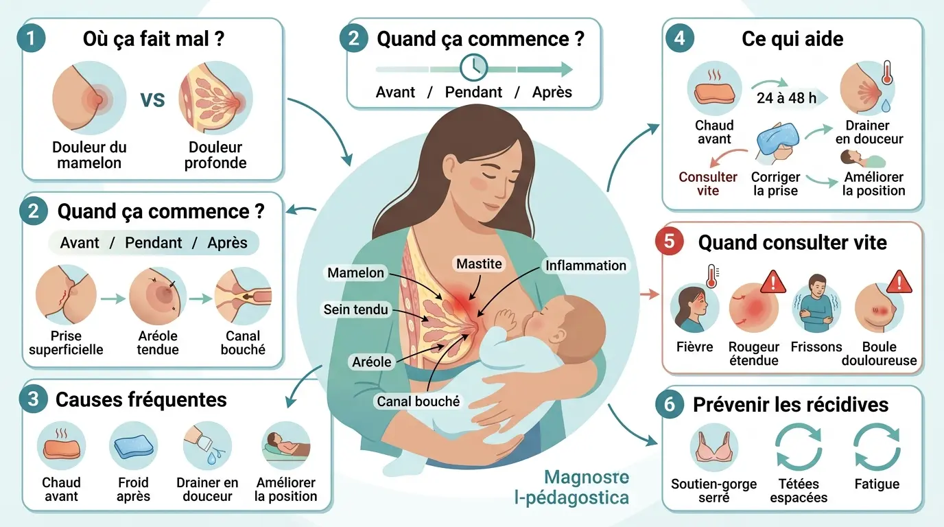 Infographie éducative sur l'allaitement douleur au sein, illustrant les causes, symptômes et solutions pour soulager la douleur.