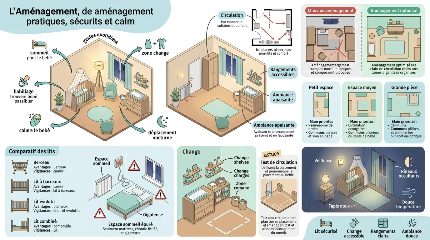 Infographie sur comment aménager chambre bébé de manière pratique et sécurisée, avec zones de sommeil, change et rangement.