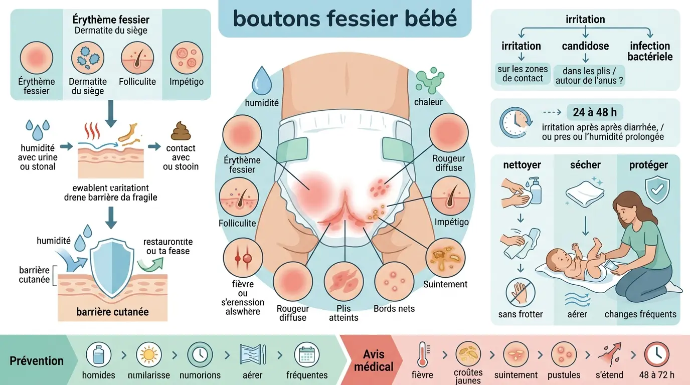 Infographie éducative sur les boutons fessier bébé, causes, symptômes et soins adaptés pour prévenir l'irritation.