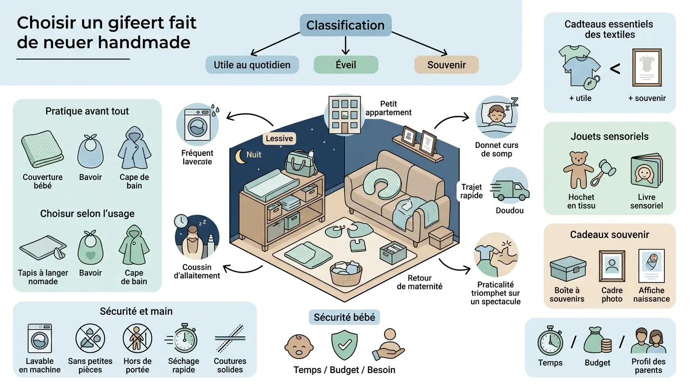 Infographie éducative sur le choix d'un cadeau de naissance fait main, illustrant des options utiles, d'éveil et souvenirs.