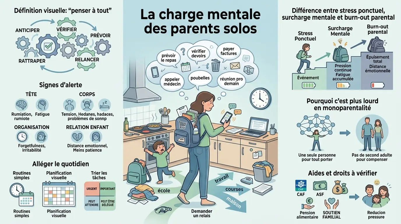 Infographie illustrant la charge mentale parents solos, montrant un parent jonglant entre tâches quotidiennes et responsabilités.