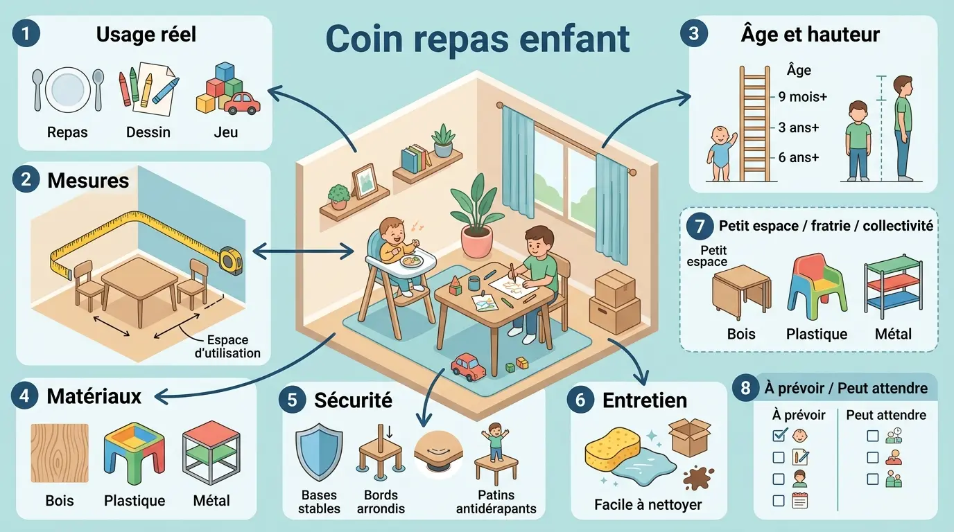 Infographie éducative sur le coin repas enfant, illustrant un espace convivial avec des enfants mangeant, dessinant et jouant.