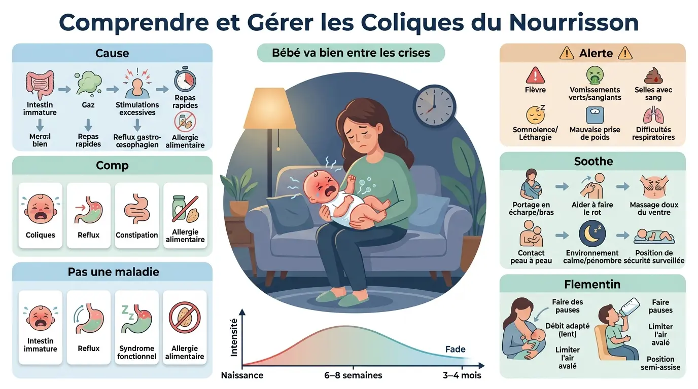 Infographie éducative sur les coliques du nourrisson, illustrant causes, symptômes et solutions avec des pictogrammes et une scène centrale.