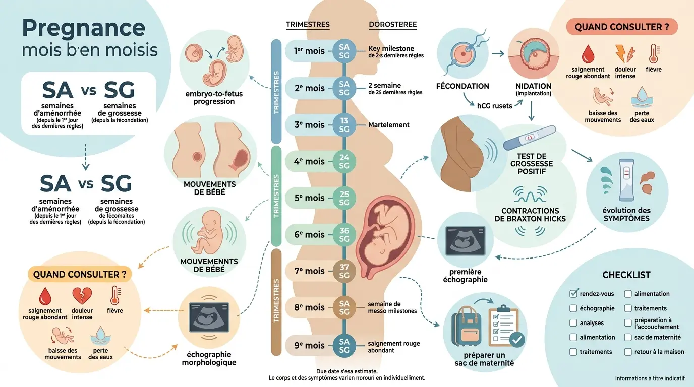 Infographie éducative illustrant les étapes de la grossesse mois par mois avec une timeline centrale et des modules explicatifs.