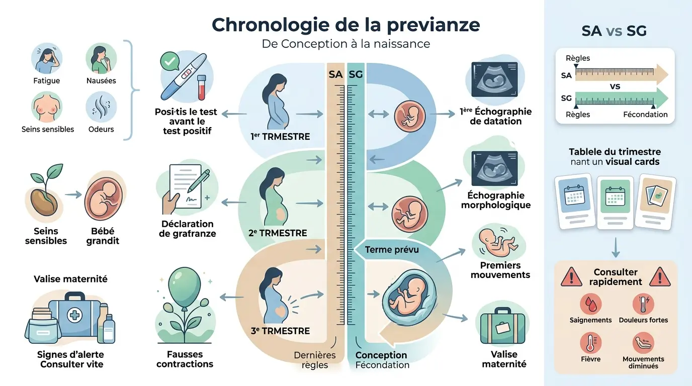 Infographie éducative illustrant les étapes grossesse trimestre par trimestre avec chronologie, évolutions et signes clés.