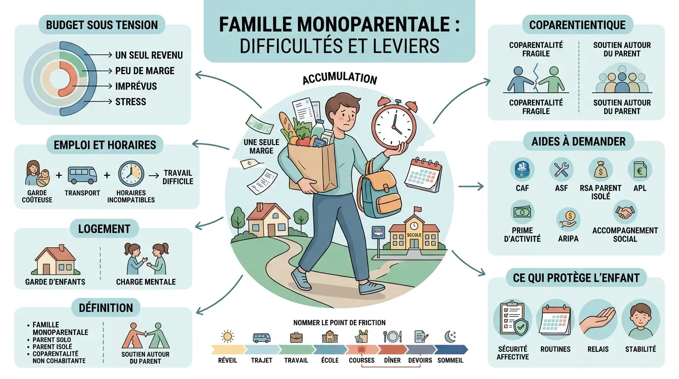Infographie éducative sur les famille monoparentale difficultés, illustrant les charges et leviers d'un parent seul.
