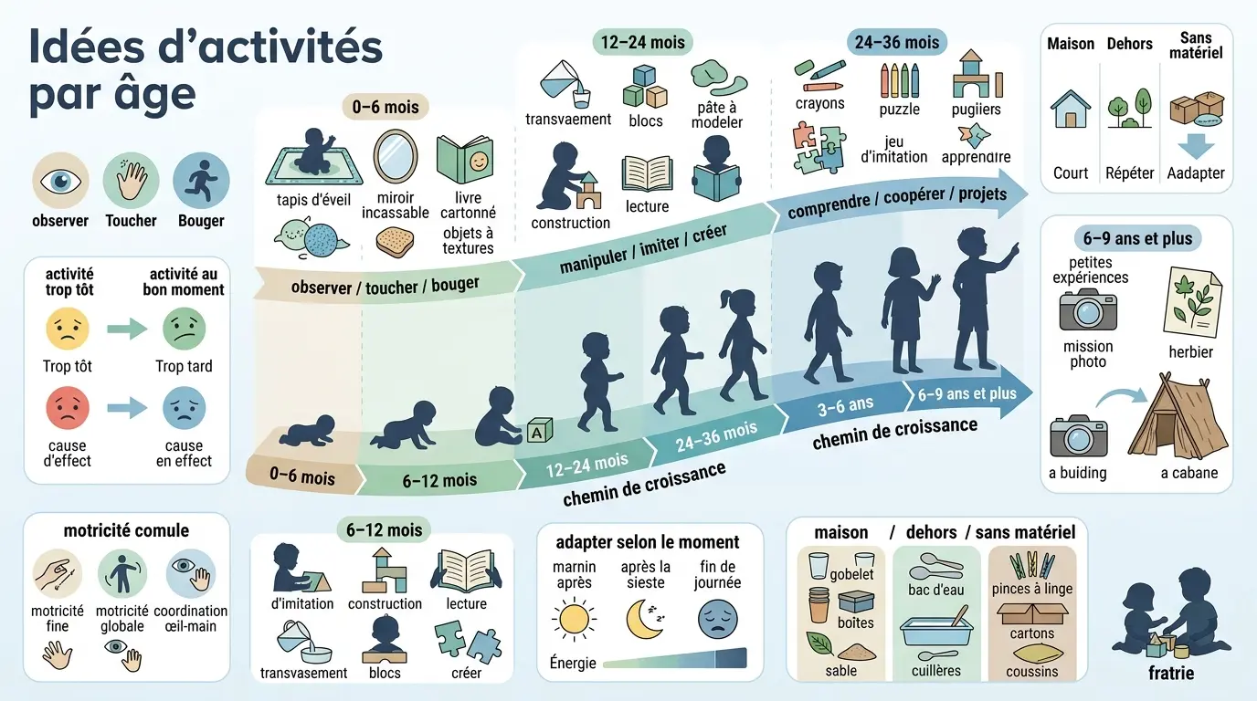 Infographie colorée sur les idées d'activités pour enfants par âge, illustrant un chemin de croissance de 0 à 9 ans.