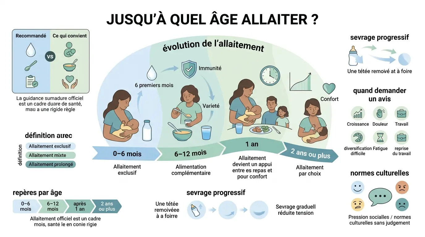 Infographie éducative sur jusqu'à quel âge allaiter, illustrant l'évolution de l'allaitement de la naissance à 2 ans ou plus.