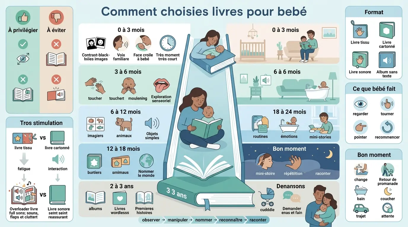 Infographie éducative sur les livres pour bébé par âge, illustrant le parcours de lecture de 0 à 3 ans avec des scènes et conseils.