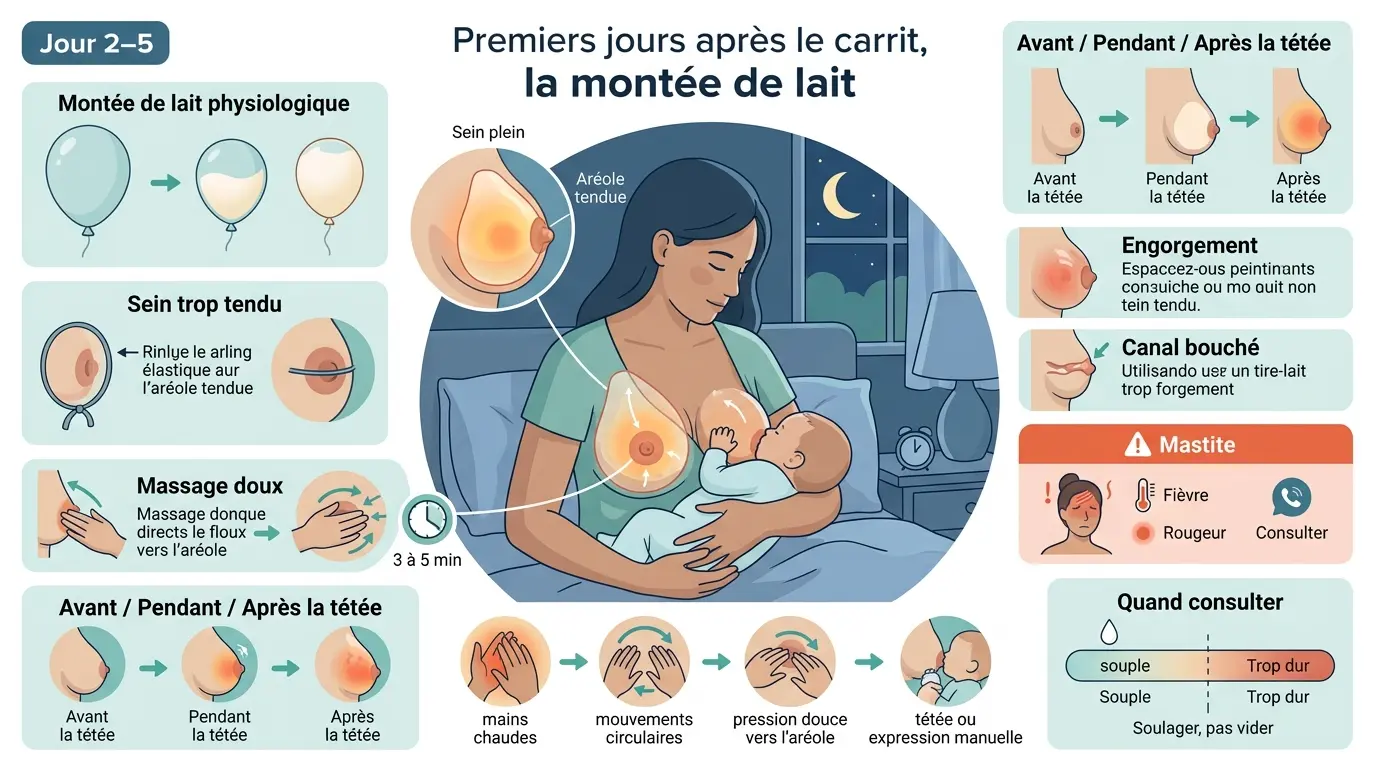 Infographie éducative sur la montée de lait massage, montrant une mère allaitant avec des illustrations explicatives sur l'engorgement.