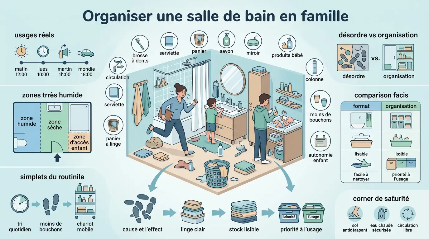 Infographie éducative sur organiser salle de bain famille, illustrant une scène familiale avec zones d'organisation et routines.