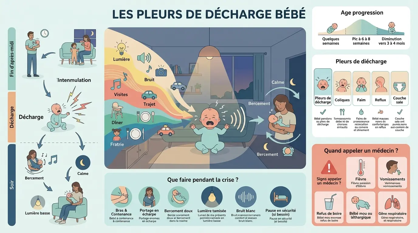 Infographie éducative sur les pleurs de décharge bébé, illustrant la décompression après une journée surstimuli.