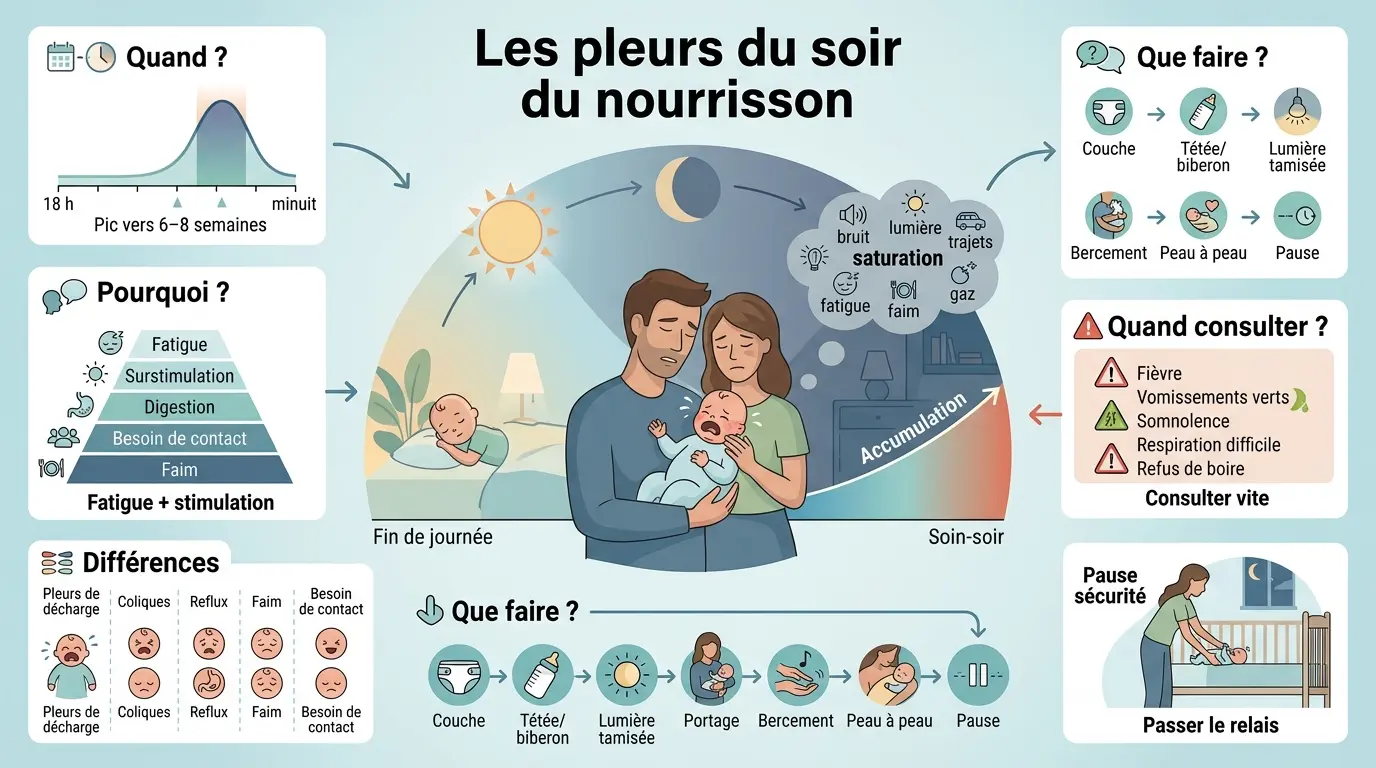 Infographie éducative sur les pleurs du soir nourrisson, illustrant causes, solutions et moments clés dans un intérieur apaisant.