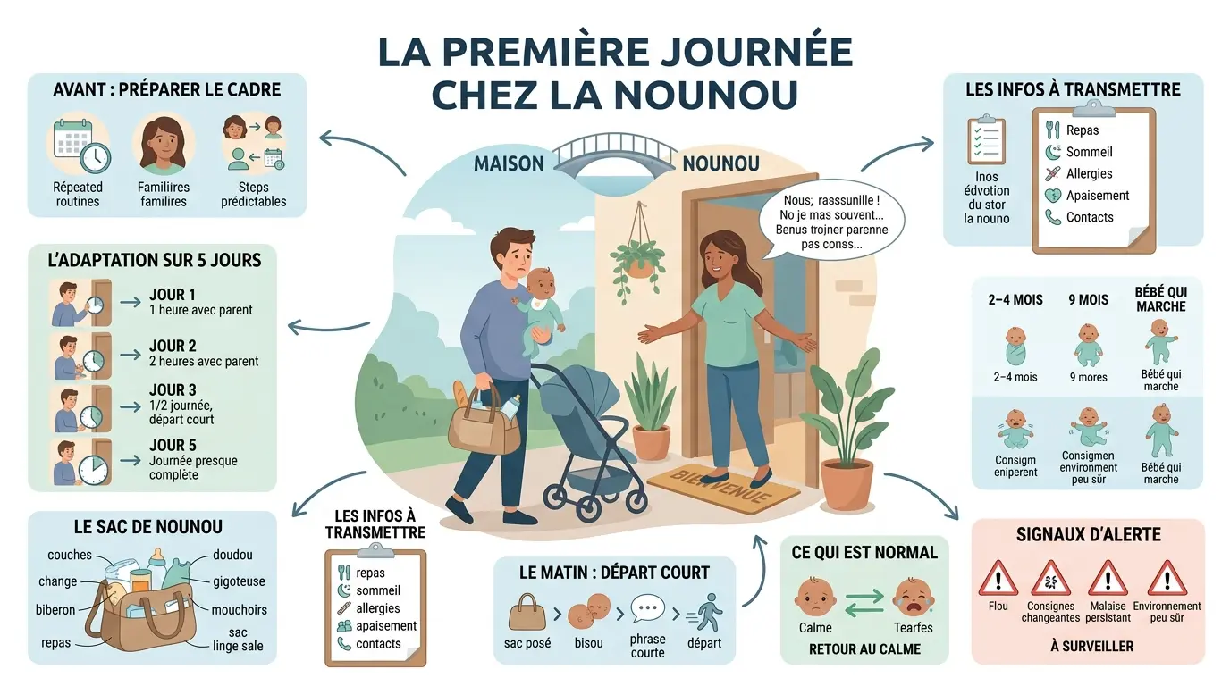 Infographie éducative sur la première journée chez la nounou, illustrant l'arrivée du bébé et des conseils pratiques.